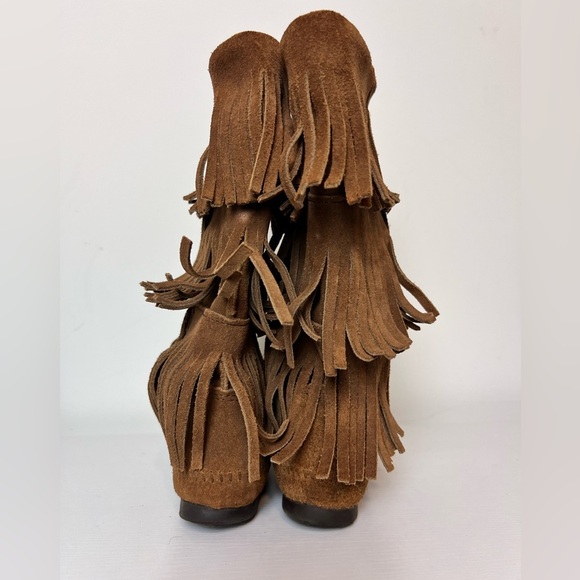 Minnetonka 1638 Women's US Size 9 Calf High Moccasin Brown Suede 3‎ Fringe Boots - Picture 2 of 7